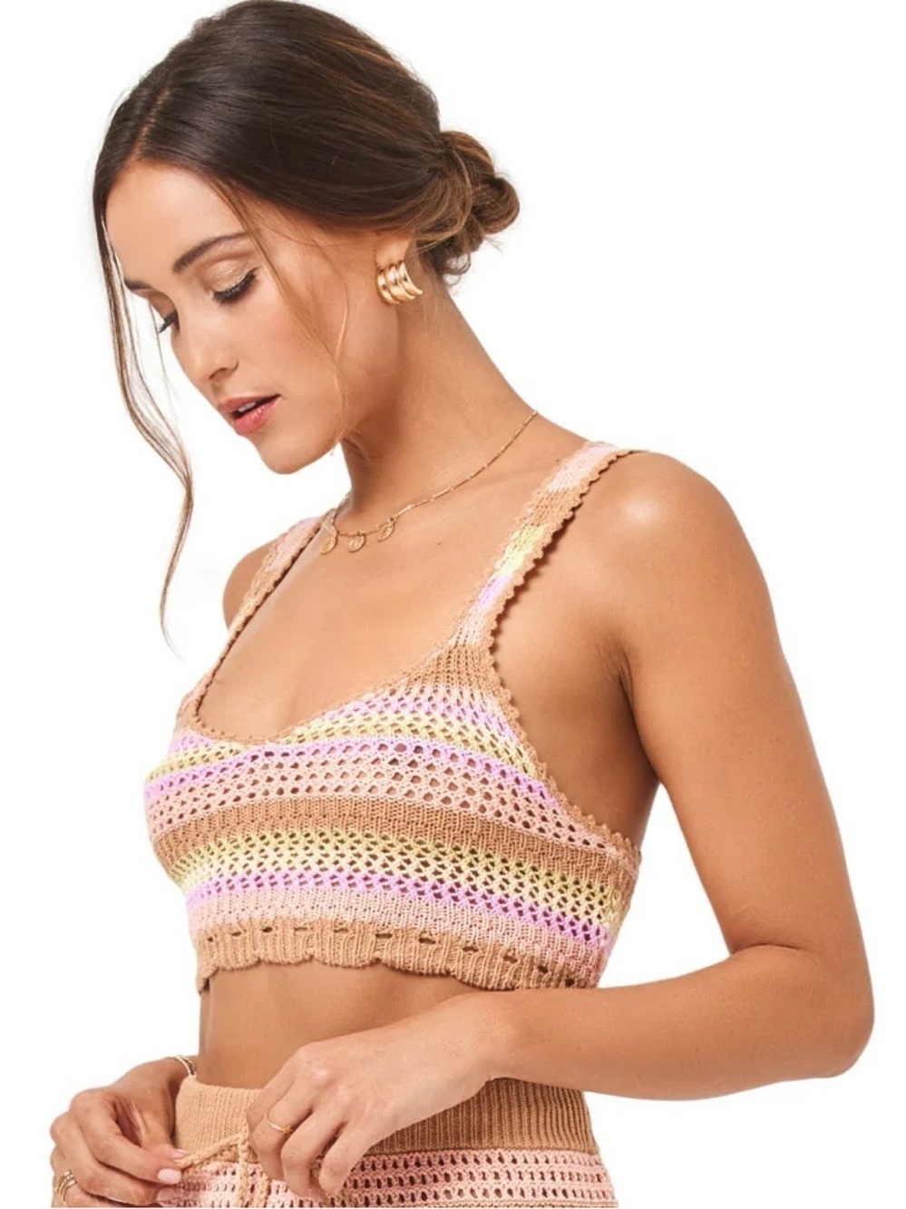 NWT L* SPACE Crochet Bralette Top Size Small Pastel Stripe Cotton Boho Beach